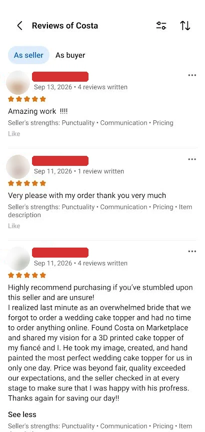 Five-star Facebook Marketplace reviews, including a bride's review of her custom wedding cake topper